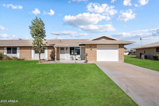 ranch-style home with central air condition unit, a front lawn, and a garage