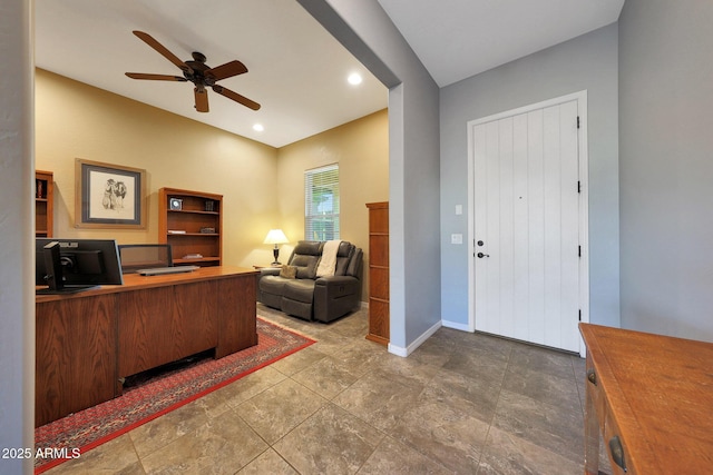 office with recessed lighting, a ceiling fan, and baseboards