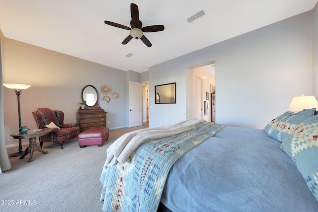 bedroom with ceiling fan, visible vents, baseboards, and light colored carpet