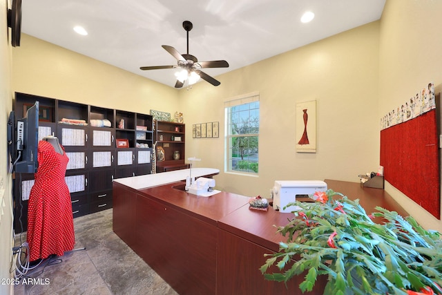 home office featuring ceiling fan and recessed lighting