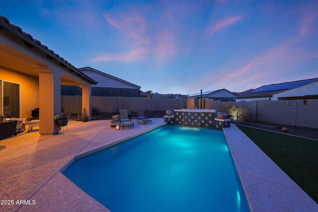 view of swimming pool featuring a fenced backyard, a fenced in pool, and a patio