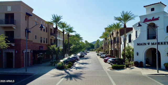 view of street with street lights, curbs, and sidewalks