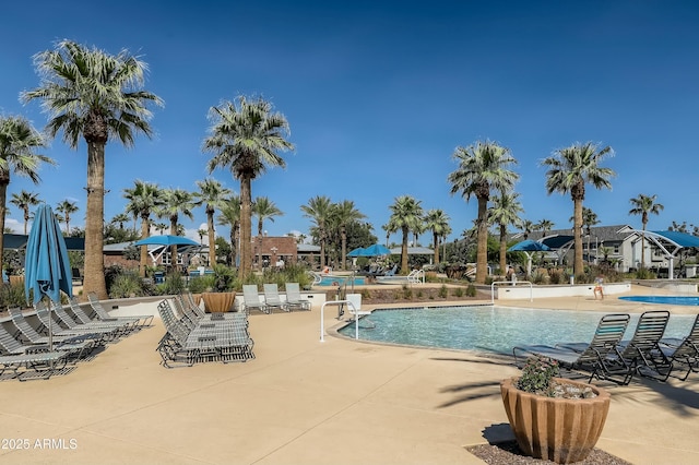 community pool with a patio area