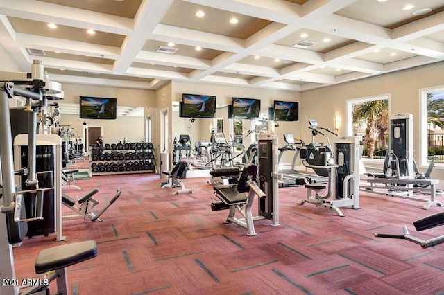 workout area with coffered ceiling and carpet