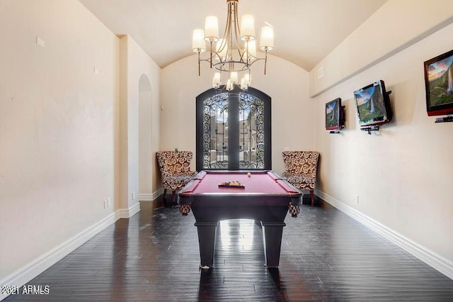 recreation room with dark hardwood / wood-style floors, french doors, and vaulted ceiling