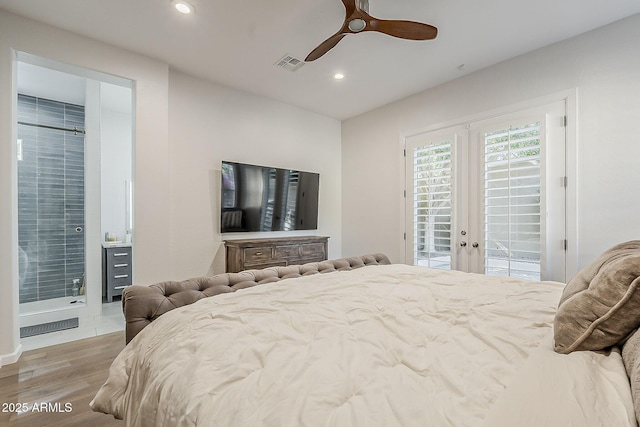 bedroom featuring access to exterior, light wood-style flooring, recessed lighting, and a ceiling fan