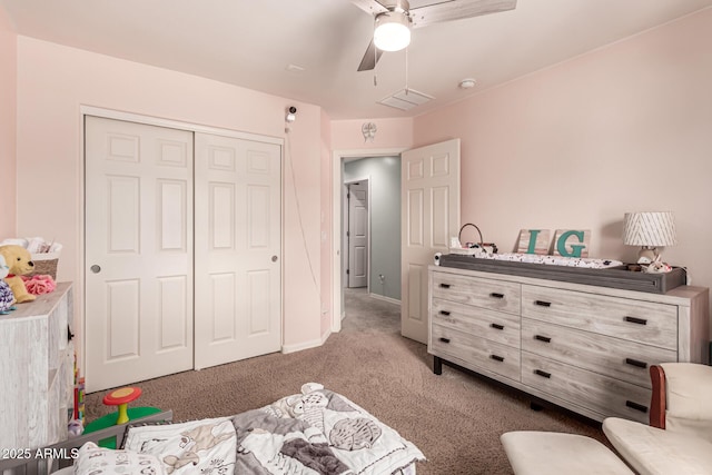 bedroom featuring ceiling fan, carpet, a closet, visible vents, and baseboards