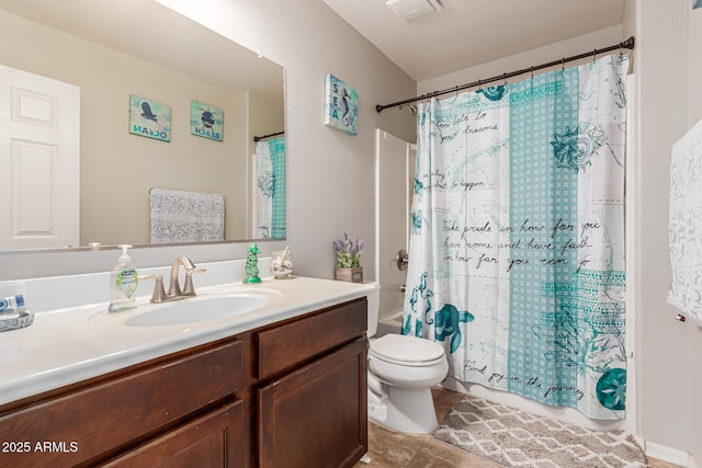 bathroom with vanity, tile patterned flooring, visible vents, toilet, and shower / tub combo