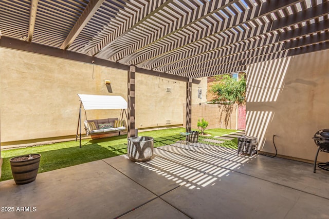 view of patio / terrace featuring a pergola, outdoor lounge area, and fence