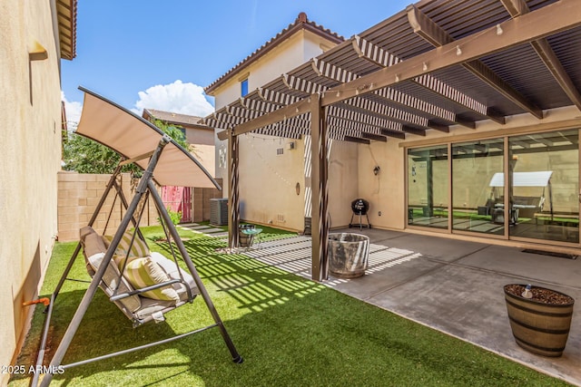 view of patio / terrace with a pergola, central AC unit, and fence private yard