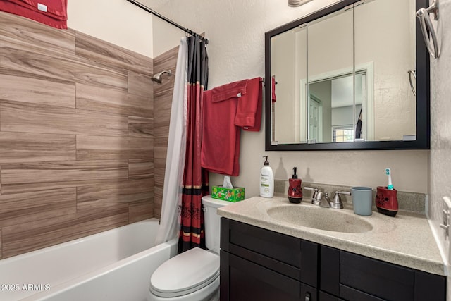 full bathroom featuring vanity, toilet, and shower / bathtub combination with curtain