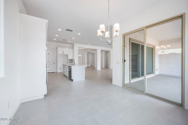 interior space featuring a chandelier, light tile patterned floors, recessed lighting, visible vents, and baseboards