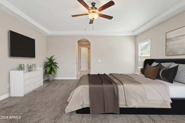 carpeted bedroom with ceiling fan and a tray ceiling