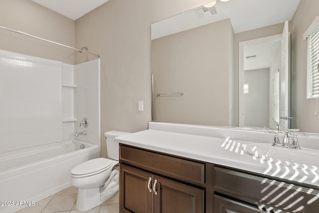 full bathroom with tile patterned flooring,  shower combination, vanity, and toilet