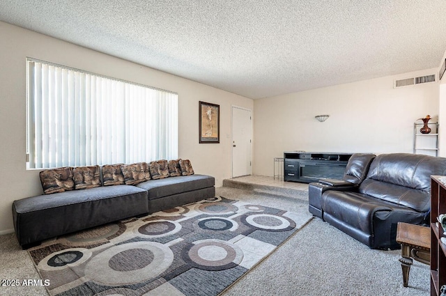 carpeted living area with a textured ceiling