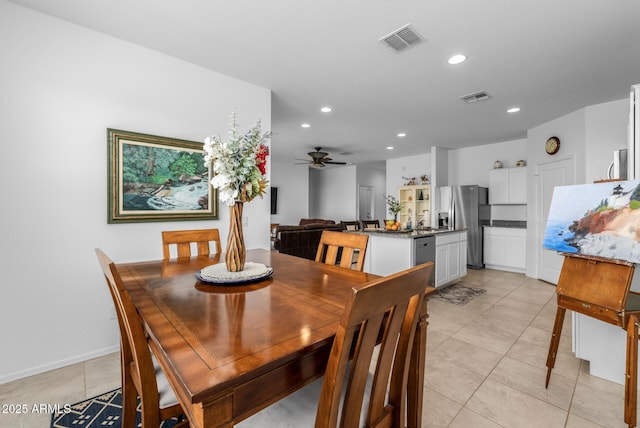 dining area with light tile patterned floors, visible vents, recessed lighting, and ceiling fan