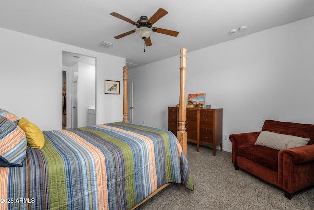 bedroom with carpet, visible vents, and ceiling fan