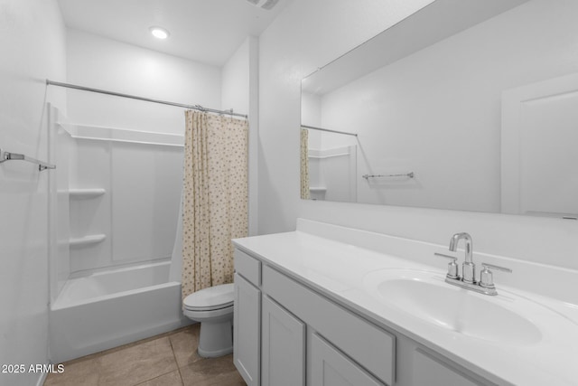 full bath with tile patterned flooring, toilet, vanity, and shower / bathtub combination with curtain