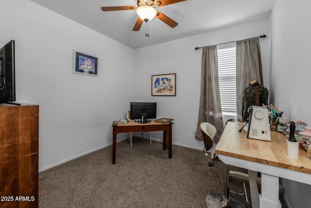 office area featuring baseboards, carpet floors, and ceiling fan