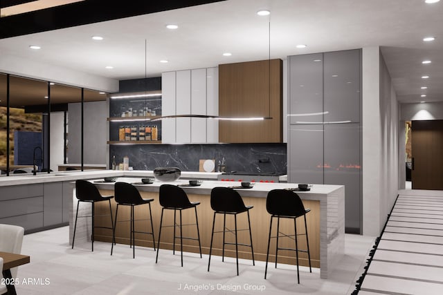 kitchen featuring a breakfast bar, a large island, tasteful backsplash, a sink, and modern cabinets