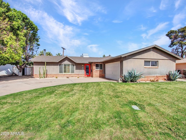 ranch-style house featuring a garage, brick siding, concrete driveway, stucco siding, and a front yard