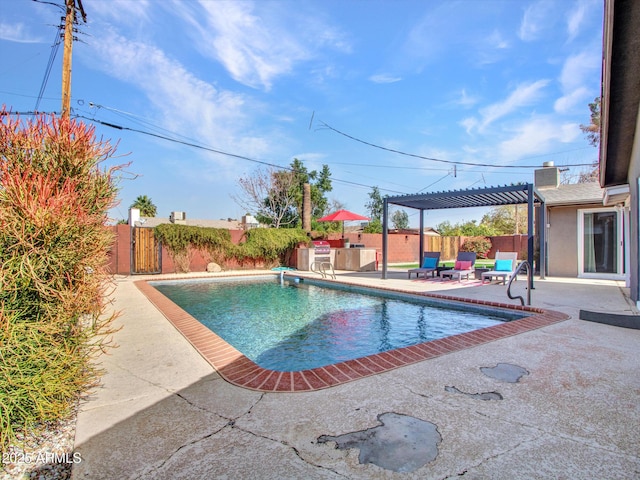 view of swimming pool featuring a patio, a fenced backyard, a fenced in pool, and a pergola