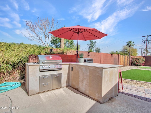 view of patio / terrace featuring a fenced backyard, exterior kitchen, and area for grilling