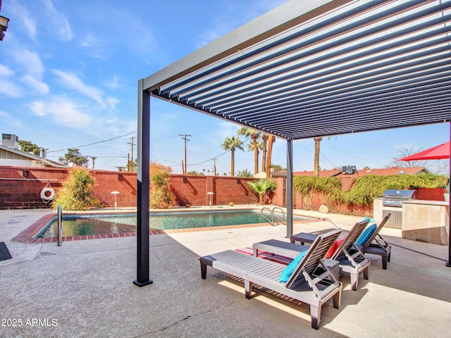 view of patio with a fenced backyard, a fenced in pool, and area for grilling