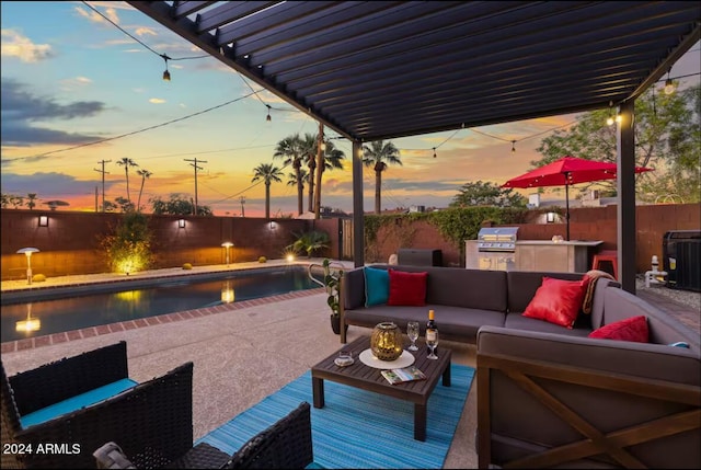 view of patio with a fenced in pool, area for grilling, a fenced backyard, grilling area, and outdoor lounge area