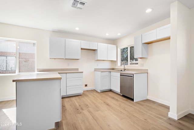 kitchen featuring sink, light wood-type flooring, white cabinets, and stainless steel dishwasher