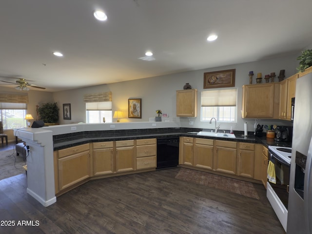 kitchen with dark wood finished floors, dishwasher, a peninsula, electric stove, and a sink