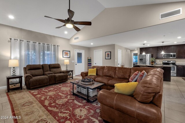 15019 N Mayflower Dr, Fountain Hills, AZ 85268 - living room featuring a ceiling fan, recessed lighting, light tile patterned floors, and high vaulted ceiling