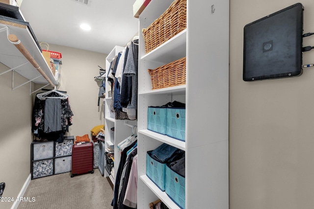 walk in closet featuring carpet flooring