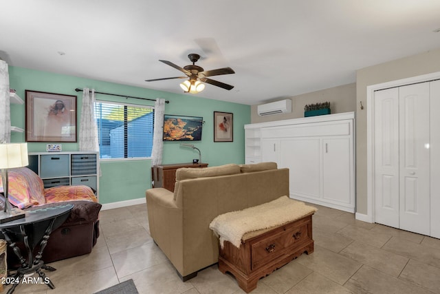 tiled living room with a wall mounted air conditioner and ceiling fan