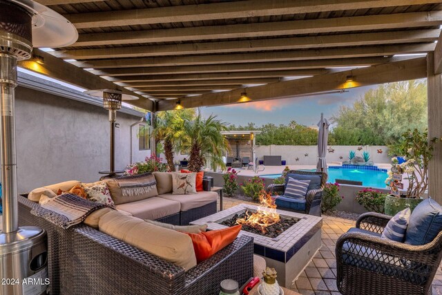 15019 N Mayflower Dr, Fountain Hills, AZ 85268 - fenced backyard featuring an outdoor living space with a fire pit, a patio, and a pergola