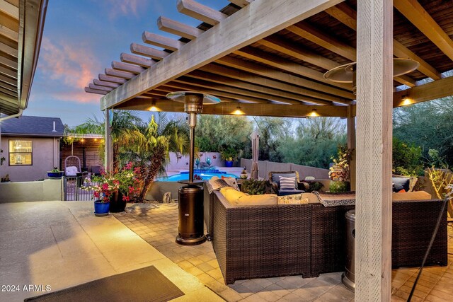 15019 N Mayflower Dr, Fountain Hills, AZ 85268 - patio terrace at dusk with a fenced backyard, a patio area, and a pergola