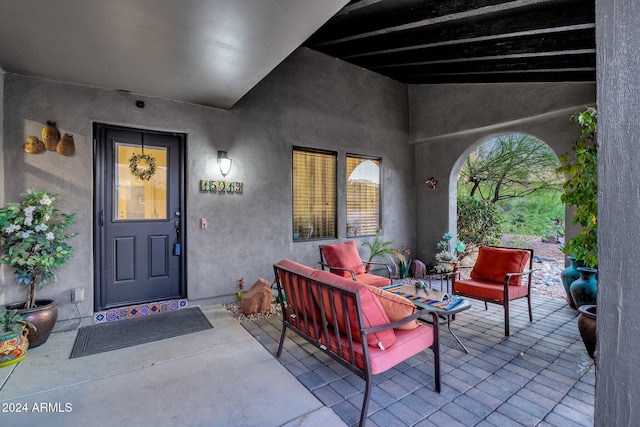 15019 N Mayflower Dr, Fountain Hills, AZ 85268 - view of exterior entry with stucco siding and a patio