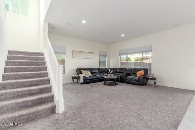 living room with light colored carpet