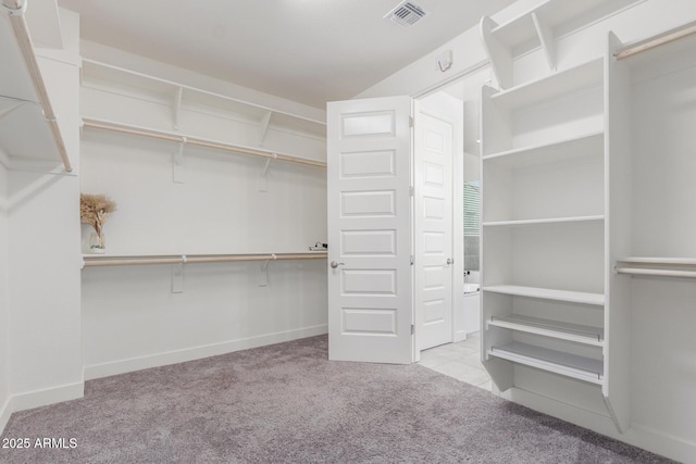 spacious closet featuring light carpet