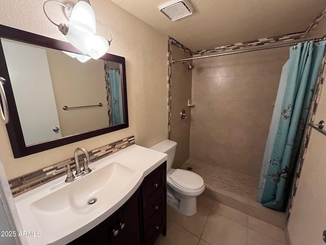 bathroom featuring backsplash, vanity, toilet, tile patterned floors, and a shower with shower curtain