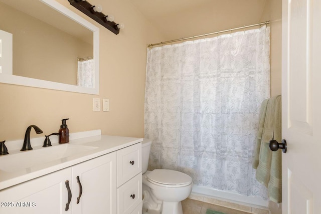 bathroom with a shower with shower curtain, toilet, tile patterned flooring, and vanity
