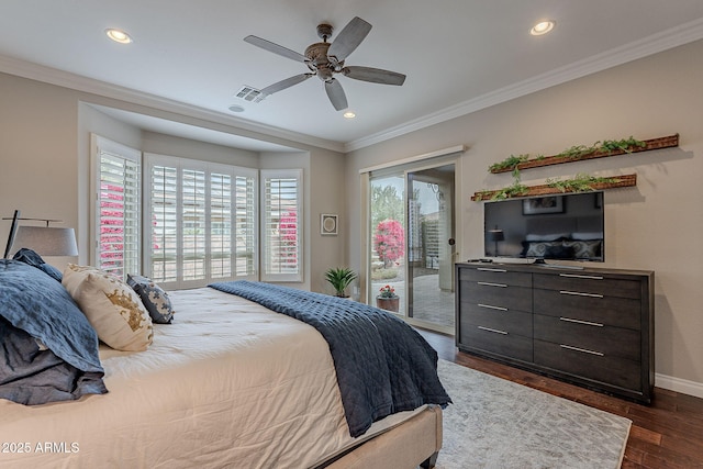 bedroom with ceiling fan, ornamental molding, dark hardwood / wood-style flooring, and access to outside