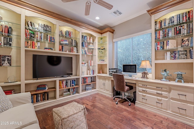 home office with wood-type flooring and ceiling fan