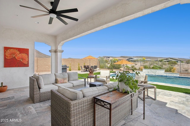 31575 N 126th Ave, Peoria, AZ 85383 - view of patio featuring a fenced backyard, an outdoor living space, ceiling fan, and outdoor dining area
