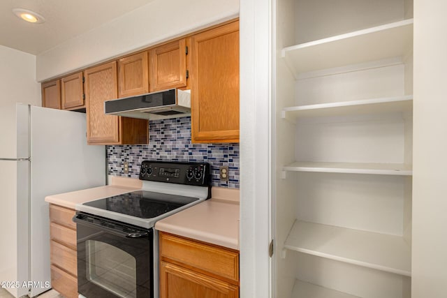 8140 N 107th Ave Unit 287, Peoria, AZ 85345 - kitchen featuring black electric range oven, under cabinet range hood, open shelves, backsplash, and light countertops