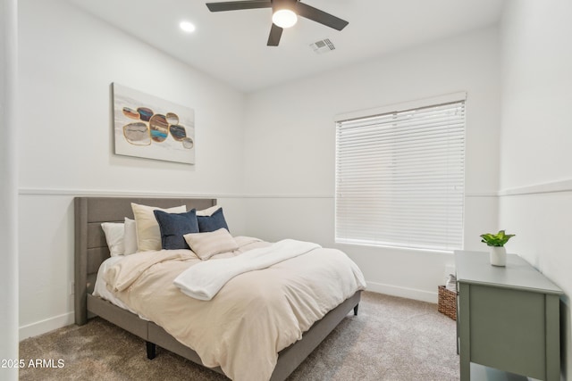 carpeted bedroom with visible vents, recessed lighting, baseboards, and ceiling fan