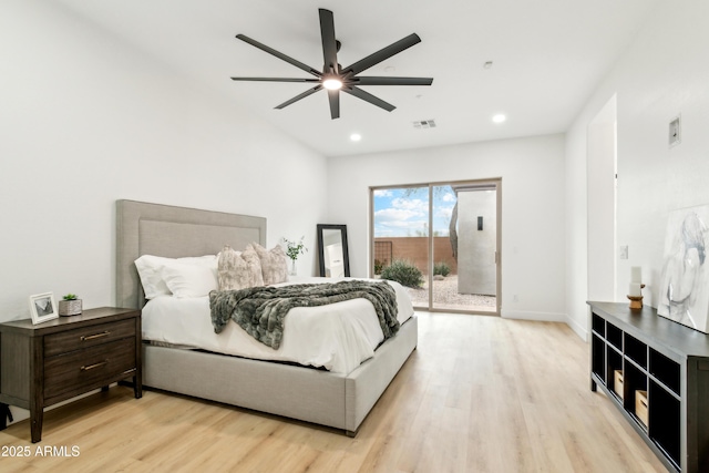 bedroom featuring recessed lighting, visible vents, light wood-style flooring, and access to outside