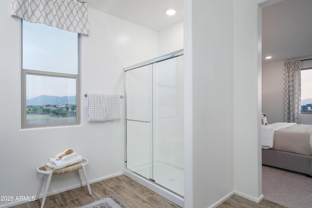 bathroom featuring a mountain view and a shower with door