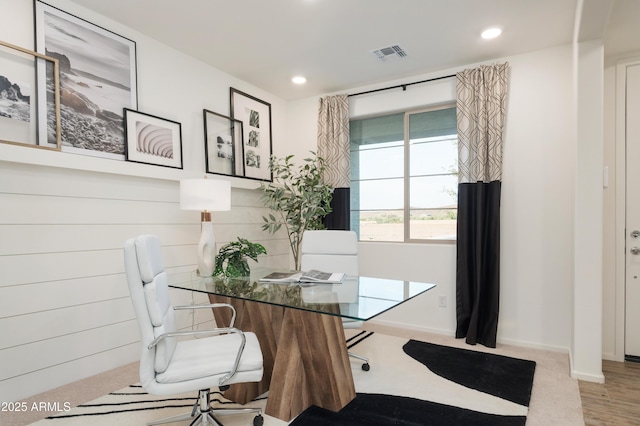 home office featuring light colored carpet