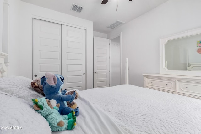 bedroom featuring ceiling fan and a closet